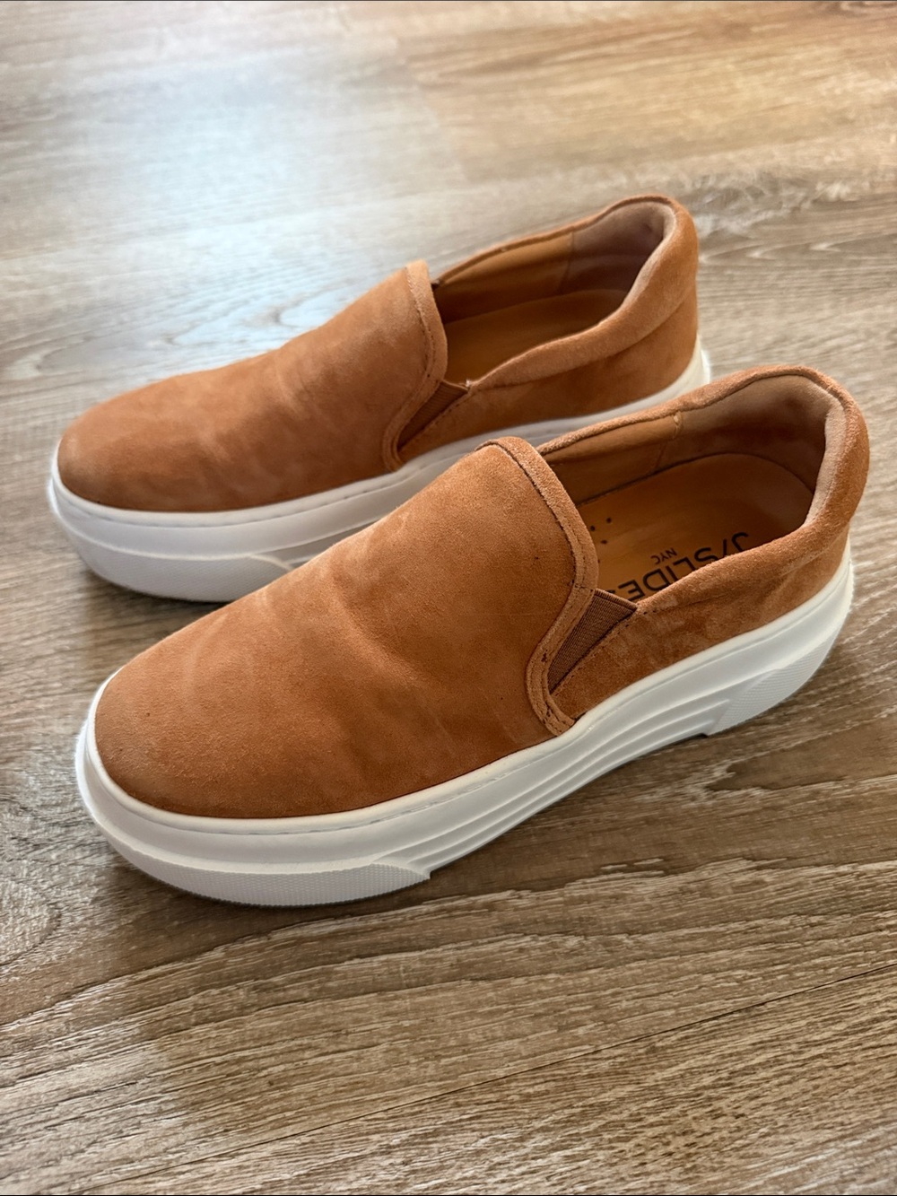 J/SLIDES Women's Slip-On Sneakers in Tan with White Platform Sole